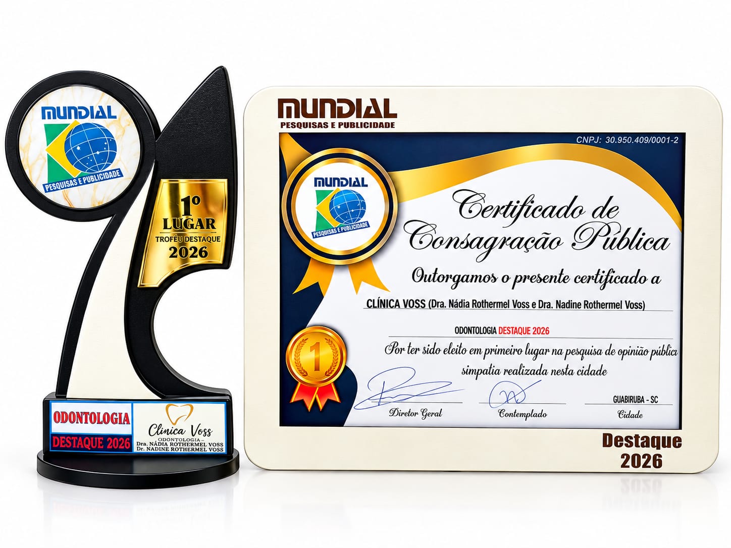 Troféu e certificado Odontologia Destaque 2026 recebidos pela Clínica Voss em Guabiruba